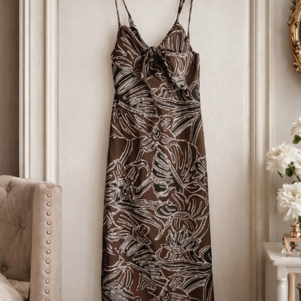 ZARA Chocolate Floral Satin Midi Dress — Vacation / Dinner / Date XS